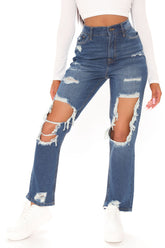 Ripped Straight Leg Perfect Boyfriend Jeans - Dark Wash Ins Street